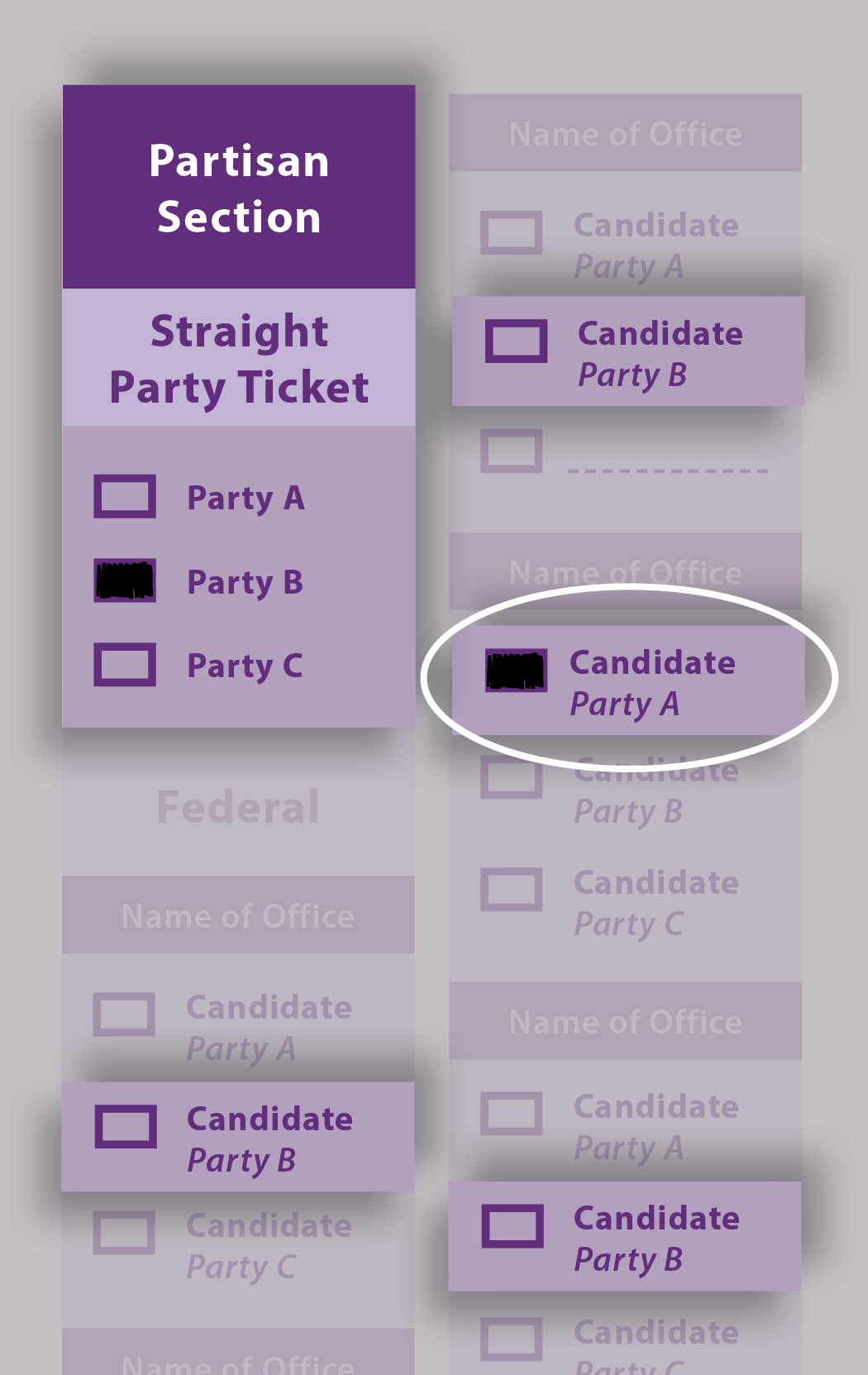 Example ballot highlighting the straight ticket section with no additional candidate selections.